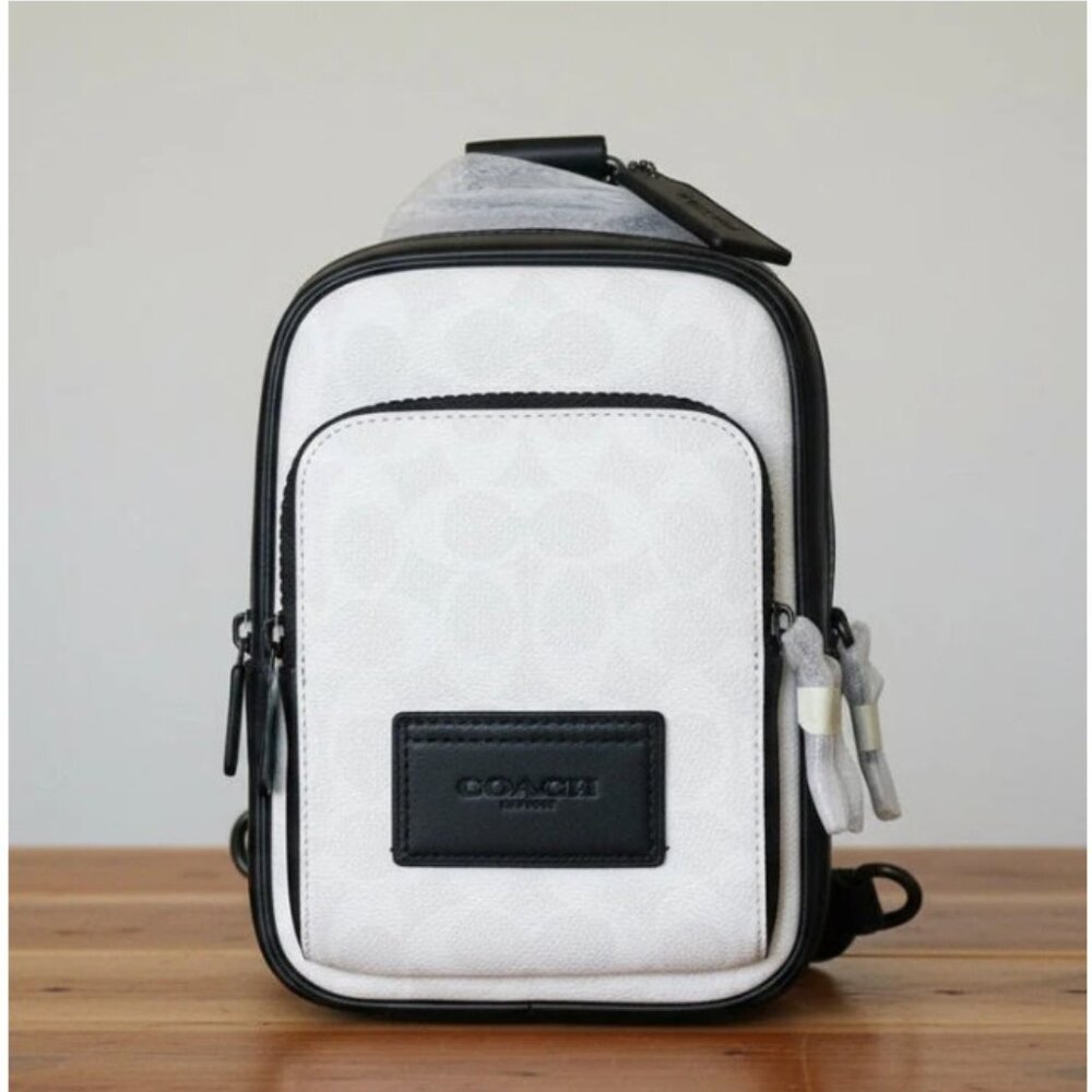 Coach Racer Sling Pack CV763 Black Chalk Signature Canvas Leather Crossbody